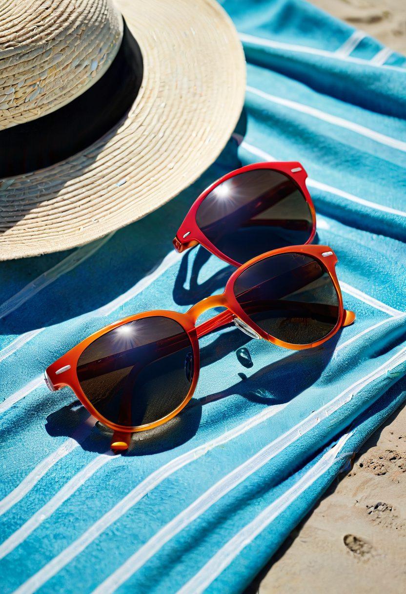 A stylish pair of sunglasses resting on a sunlit beach towel, with vibrant sun rays illuminating the scene. Nearby, a bottle of sunscreen and a pair of fashionable sun hats lie, emphasizing the importance of sun protection for eye care. The background features gentle ocean waves and a clear blue sky, creating a cheerful and inviting atmosphere. super-realistic. vibrant colors.