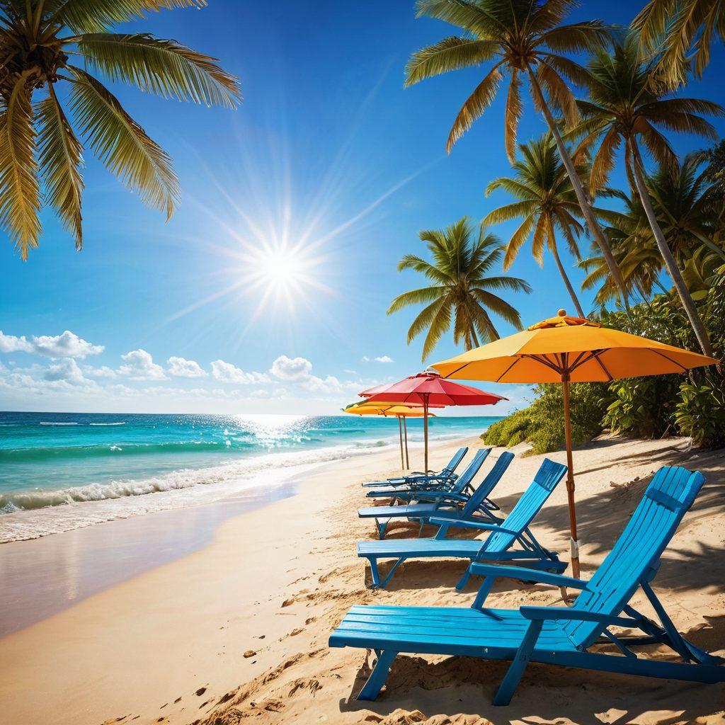 A vivid beach scene with a diverse group of people wearing stylish sunglasses, showcasing various frames and colors. Include sparkling sunlight reflecting off the ocean, with a backdrop of palm trees and beach umbrellas. Emphasize the fun, vibrant atmosphere of a summer day at the beach. super-realistic. vibrant colors. tropical setting.